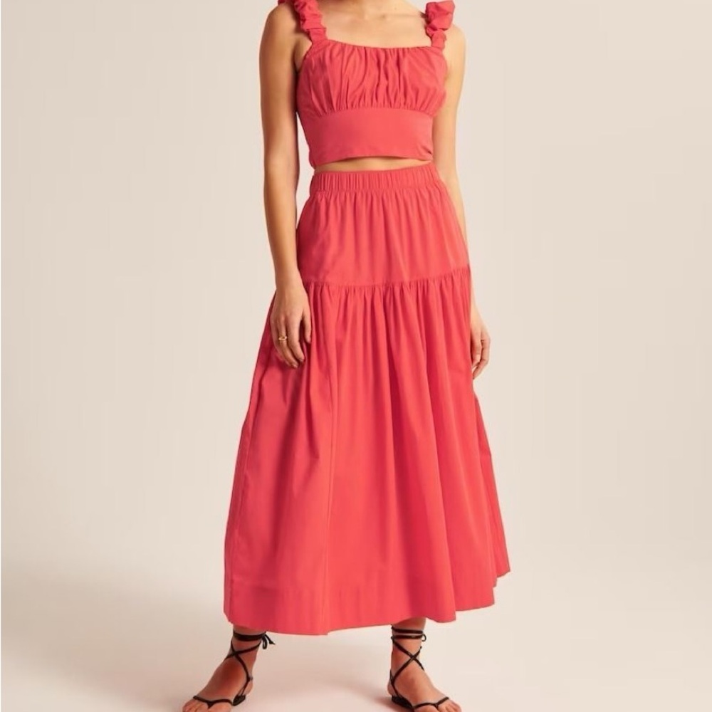 Abercrombie & Fitch Poplin Tiered Midi Skirt — women’s size large, red skirt
